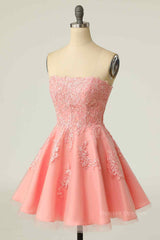 Evening Dress Short, Pink A-line Strapless Lace-Up Back Applique Tulle Mini Homecoming Dress