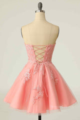Evening Dresses Open Back, Pink A-line Strapless Lace-Up Back Applique Tulle Mini Homecoming Dress