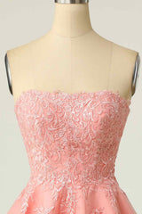 Evening Dresses Elegant Classy, Pink A-line Strapless Lace-Up Back Applique Tulle Mini Homecoming Dress