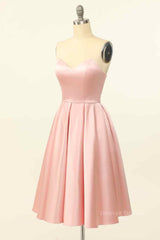 Dress Short, Pink A-line Strapless Satin Lace-Up Back Mini Homecoming Dress
