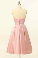 Dress Formal, Pink A-line Strapless Satin Lace-Up Back Mini Homecoming Dress