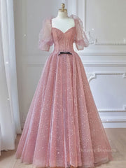 Bridesmaid Dresses Lavender, Pink A-line tulle lace long prom dress, pink lace formal dress