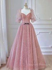 Wedding Color Schemes, Pink A-line tulle lace long prom dress, pink lace formal dress