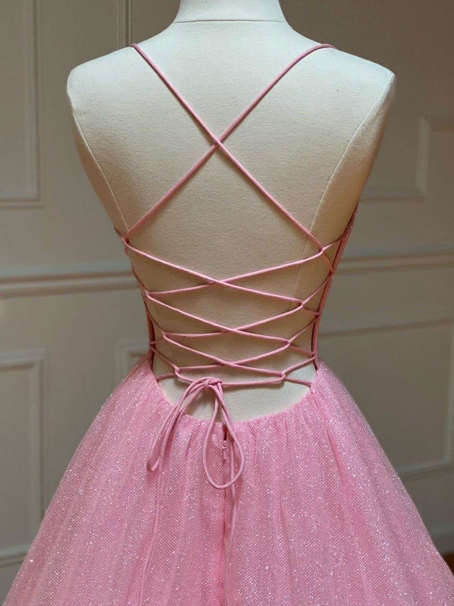 Bridesmaid Dresses Quick Shipping, Pink A-line v neck tulle long prom dress, pink evening dress