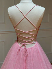 Bridesmaid Dresses Quick Shipping, Pink A-line v neck tulle long prom dress, pink evening dress