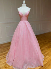 Bridesmaid Dress Shops Near Me, Pink A-line v neck tulle long prom dress, pink evening dress