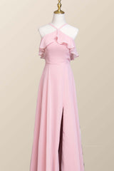 Homecoming Dresses Blue, Pink Chiffon Ruffle Halter A-line Long Bridesmaid Dress