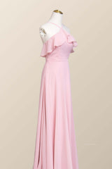Homecoming Dress 2059, Pink Chiffon Ruffle Halter A-line Long Bridesmaid Dress