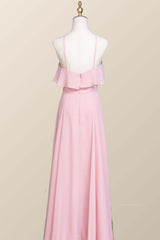 Homecoming Dresses Lace, Pink Chiffon Ruffle Halter A-line Long Bridesmaid Dress