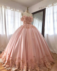 Homecoming Dress Vintage, Pink Embroidered Lace Quinceanera Dresses Ball Gowns, Long Prom Dress