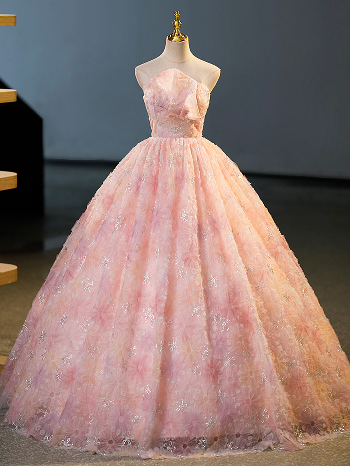 Party Dresses Websites, Pink Flower Long Princess Dress, Pink Strapless Formal Evening Dress