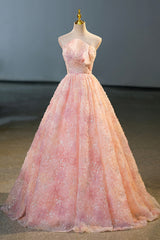 Party Dresses For Teen, Pink Flower Long Princess Dress, Pink Strapless Formal Evening Dress