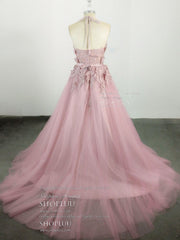 Bridesmaids Dresses Modest, Pink High Neck Tulle Lace Applique Long Prom Dress, Pink Evening Dress