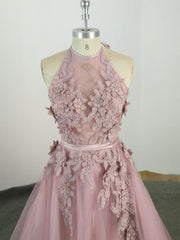 Bridesmaid Dress Mauve, Pink High Neck Tulle Lace Applique Long Prom Dress, Pink Evening Dress