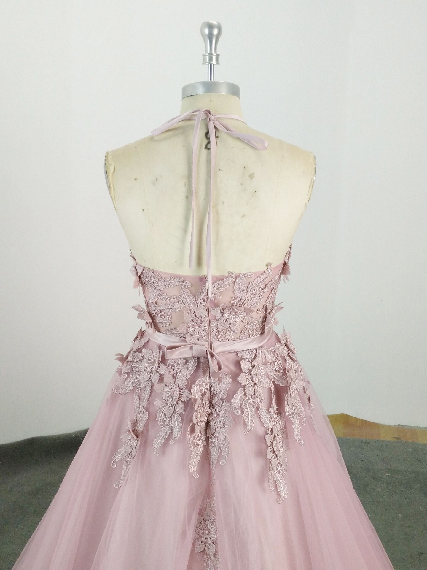Bridesmaid Dresses Mauve, Pink High Neck Tulle Lace Applique Long Prom Dress, Pink Evening Dress