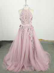 Bridesmaid Dress Modest, Pink High Neck Tulle Lace Applique Long Prom Dress, Pink Evening Dress