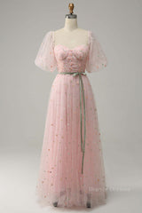 Evening Dress For Wedding, Pink Illusion Puff Sleeves Embroideries A-line Long Prom Dress with Sash
