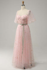 Evening Dresses For Wedding, Pink Illusion Puff Sleeves Embroideries A-line Long Prom Dress with Sash