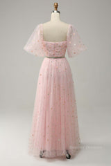 Evening Dresses 90044, Pink Illusion Puff Sleeves Embroideries A-line Long Prom Dress with Sash