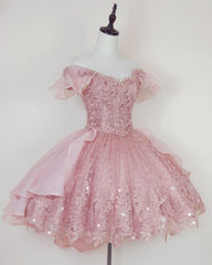 Homemade Ranch Dress, Pink Lace Homecoming Gown with Beading,Princess Off the Shoulder Hoco Dress