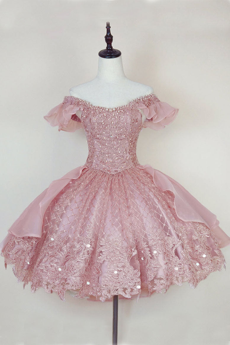 Ranch Dress, Pink Lace Homecoming Gown with Beading,Princess Off the Shoulder Hoco Dress