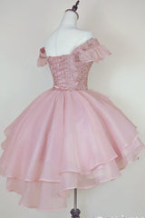 Gown Dress, Pink Lace Homecoming Gown with Beading,Princess Off the Shoulder Hoco Dress