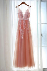 Blue Dress, Pink Long New Prom Dress, Party Dress with Lace Applique