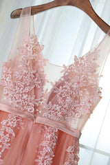 Evening Dress Elegant, Pink Long New Prom Dress, Party Dress with Lace Applique