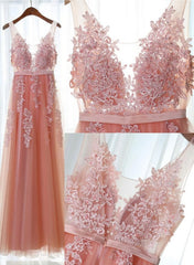 Long Dress, Pink Long New Prom Dress, Party Dress with Lace Applique