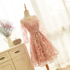 Wedding Dresses Vintage, Pink Long Sleeves Lace Wedding Party Dress, Charming Party Dress