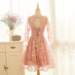 Wedding Dress Styles, Pink Long Sleeves Lace Wedding Party Dress, Charming Party Dress