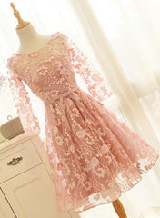 Wedding Dresses Lace, Pink Long Sleeves Lace Wedding Party Dress, Charming Party Dress