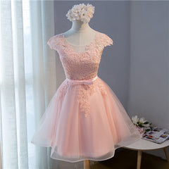 Bridesmaid Dresses 3 4 Length, Pink Lovely Cap Sleeves Knee Length Formal Dress, Pink Tulle Prom Dress