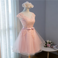 Bridesmaid Dress As Wedding Dress, Pink Lovely Cap Sleeves Knee Length Formal Dress, Pink Tulle Prom Dress