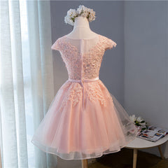 Bridesmaids Dress Websites, Pink Lovely Cap Sleeves Knee Length Formal Dress, Pink Tulle Prom Dress