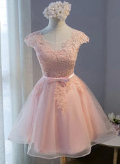 Bridesmaid Dresses Navy Blue, Pink Lovely Cap Sleeves Knee Length Formal Dress, Pink Tulle Prom Dress