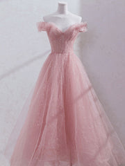 Wedding Dress Romantic, Pink Off Shoulder Tulle Tea Length Prom Dress,Pink Tulle Wedding Party Dresses