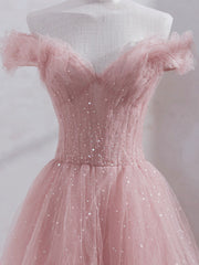 Wedding Dress Under, Pink Off Shoulder Tulle Tea Length Prom Dress,Pink Tulle Wedding Party Dresses