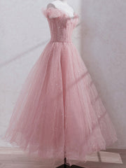 Wedding Dresses For Summer, Pink Off Shoulder Tulle Tea Length Prom Dress,Pink Tulle Wedding Party Dresses