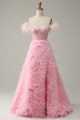 Evening Dresses Formal, Pink Off-the-Shoulder Feathers Beaded A-line Ruffles Long Prom Dress with Slit