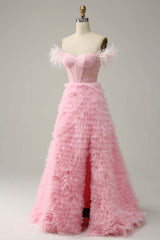 Evening Dress Formal, Pink Off-the-Shoulder Feathers Beaded A-line Ruffles Long Prom Dress with Slit