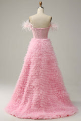 Evening Dresses Online Shop, Pink Off-the-Shoulder Feathers Beaded A-line Ruffles Long Prom Dress with Slit