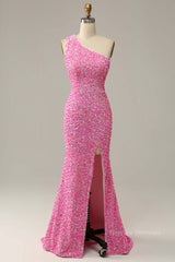 Formal Dress Elegant, Pink One Shoulder Straps Mermaid Sequins Long Prom Dress with Slit