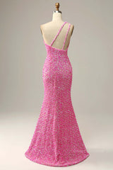 Formal Dresses Outfit Ideas, Pink One Shoulder Straps Mermaid Sequins Long Prom Dress with Slit