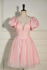 Evening Dresses Open Back, Pink Plunging V Neck Dot Lace-Up A-line Homecoming Dress