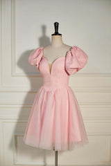 Evening Dresses Elegant Classy, Pink Plunging V Neck Dot Lace-Up A-line Homecoming Dress