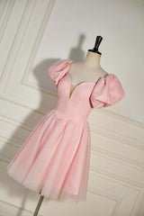 Evening Dress Elegant Classy, Pink Plunging V Neck Dot Lace-Up A-line Homecoming Dress