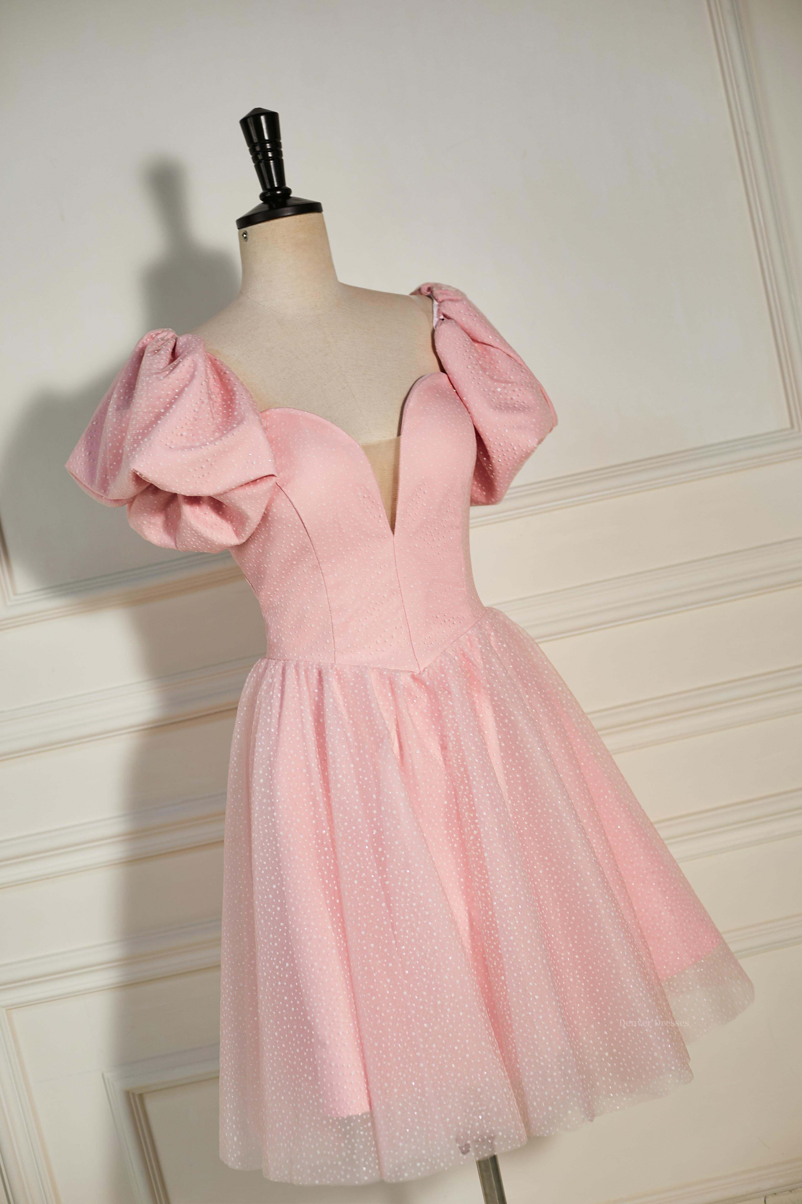 Evening Dress Italy, Pink Plunging V Neck Dot Lace-Up A-line Homecoming Dress