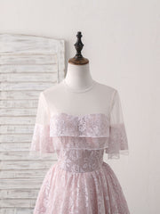 Party Dress And Gown, Pink Round Neck Lace Tulle Short Prom Dress, Pink Homecoming Dress