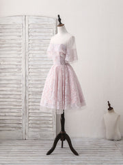 Party Dress Lady, Pink Round Neck Lace Tulle Short Prom Dress, Pink Homecoming Dress